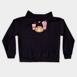 Cute Kawaii Food Art | Pizza Party with Pepperoni Pizza, Cola and Milkshake Kids Hoodie